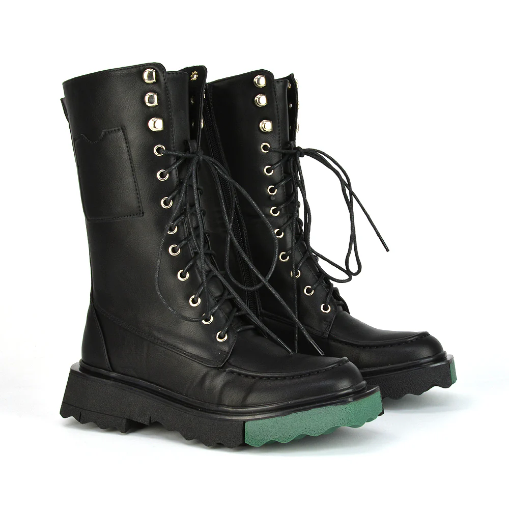 Blakely Flat Wedge Green Sole Biker Lace Up Ankle Boots in White Synthetic Leather - Image 40