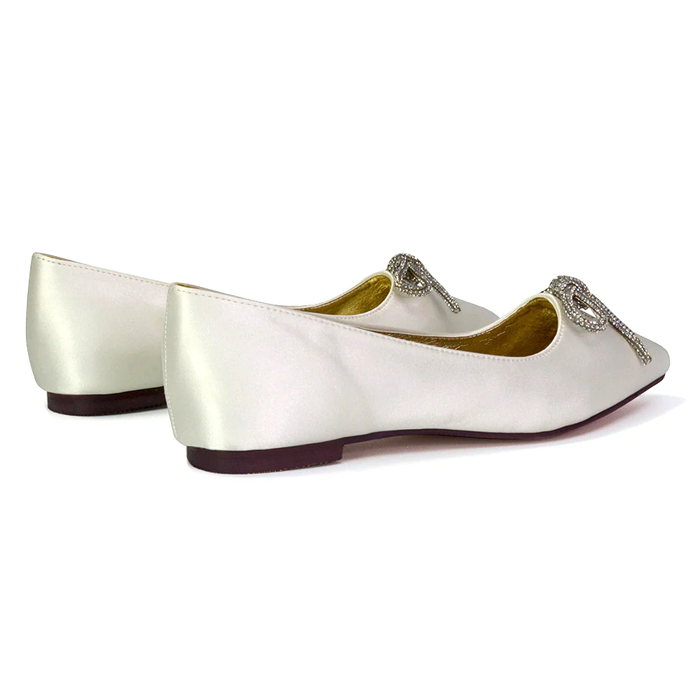 Blossom Diamante Bow Detail Pointed Toe Ballerina Pumps in Black Satin - Image 108