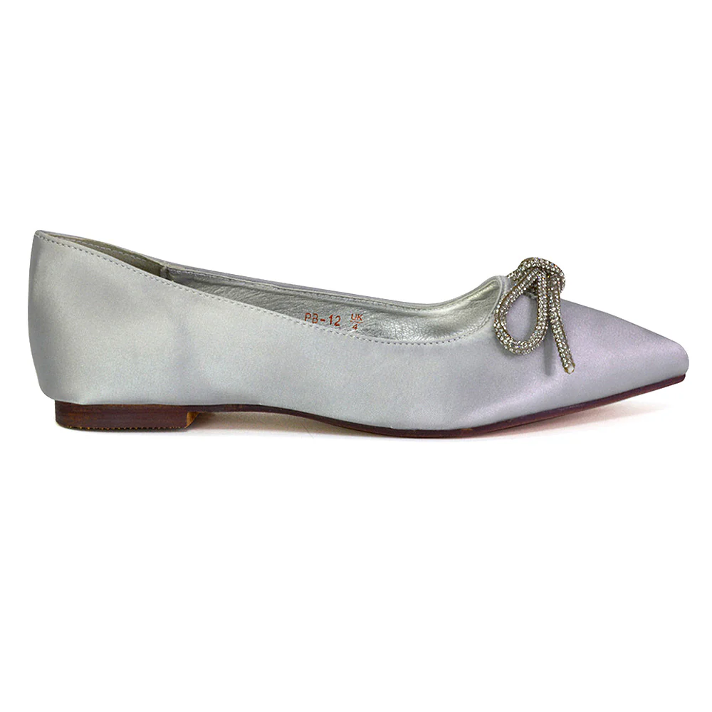 Blossom Diamante Bow Detail Pointed Toe Ballerina Pumps in Black Satin - Image 146