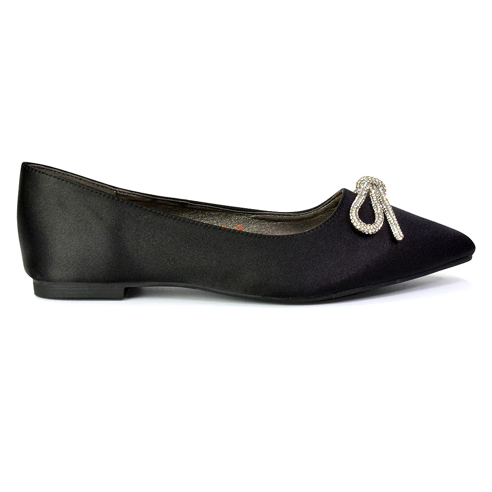 Blossom Diamante Bow Detail Pointed Toe Ballerina Pumps in Black Satin - Image 171