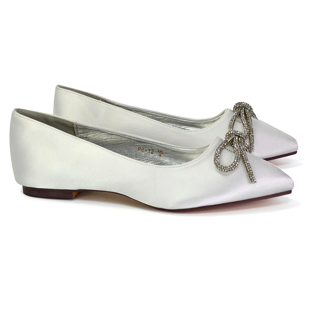 Blossom Diamante Bow Detail Pointed Toe Ballerina Pumps in Black Satin - Image 42