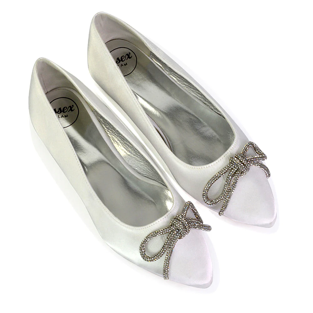 Blossom Diamante Bow Detail Pointed Toe Ballerina Pumps in Black Satin - Image 59