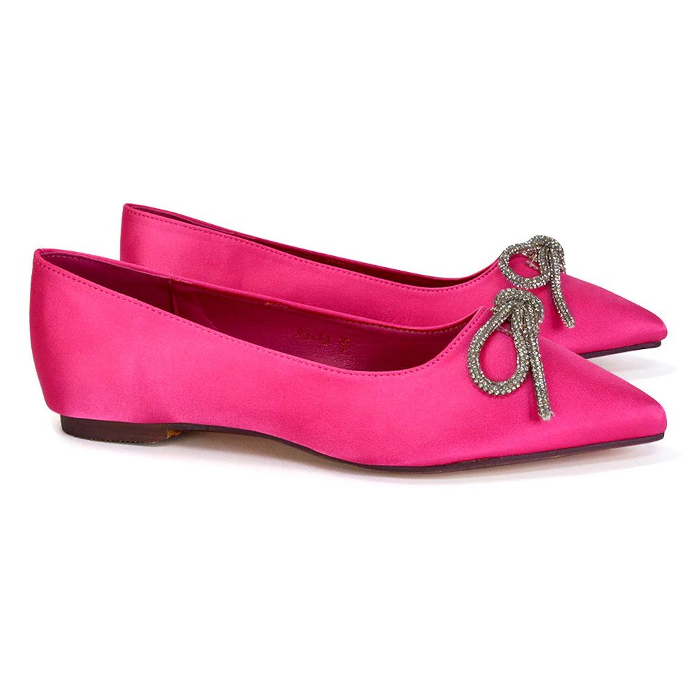 Blossom Diamante Bow Detail Pointed Toe Ballerina Pumps in Fuchsia - Image 79
