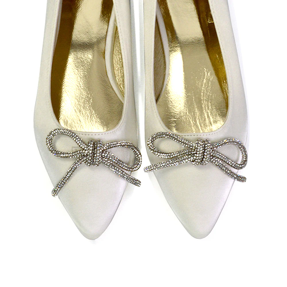 Blossom Diamante Bow Detail Pointed Toe Ballerina Pumps in Ivory - Image 102