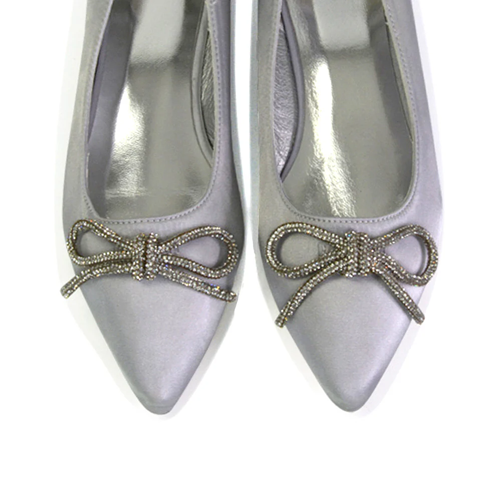 Blossom Diamante Bow Detail Pointed Toe Ballerina Pumps in Silver - Image 142