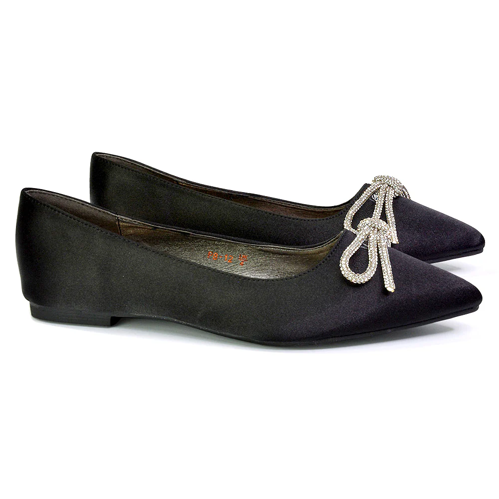 Blossom Diamante Bow Detail Pointed Toe Ballerina Pumps in Silver - Image 174