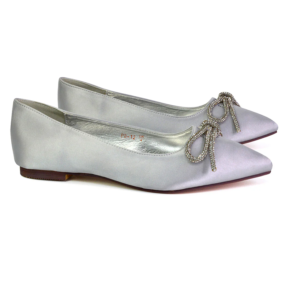Blossom Diamante Bow Detail Pointed Toe Ballerina Pumps in Silver - Image 4