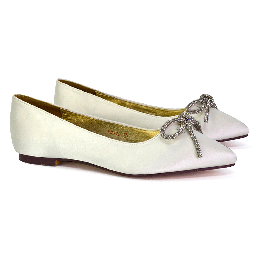 Blossom Diamante Bow Detail Pointed Toe Ballerina Pumps in Silver - Image 99