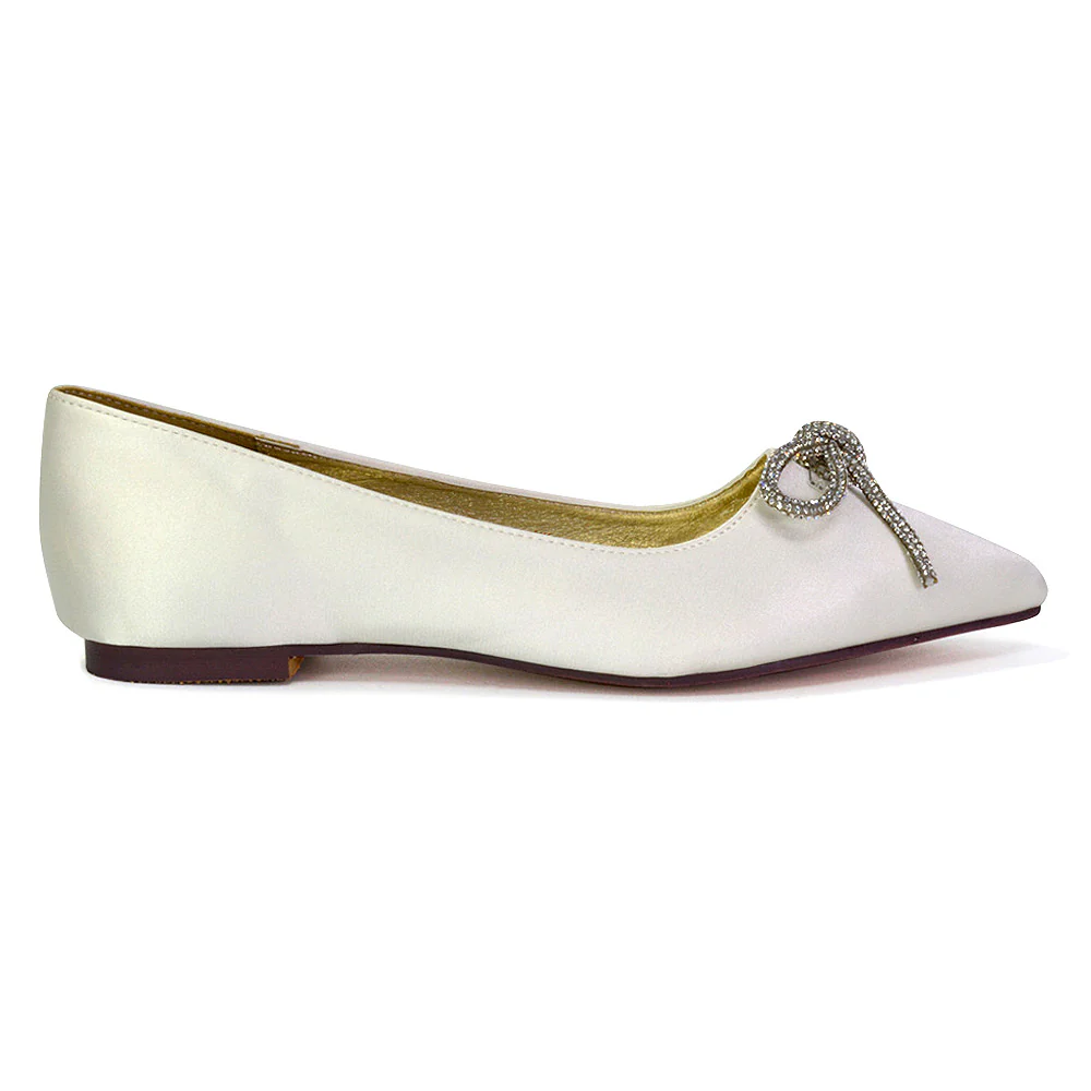 Blossom Diamante Bow Detail Pointed Toe Ballerina Pumps in White - Image 103