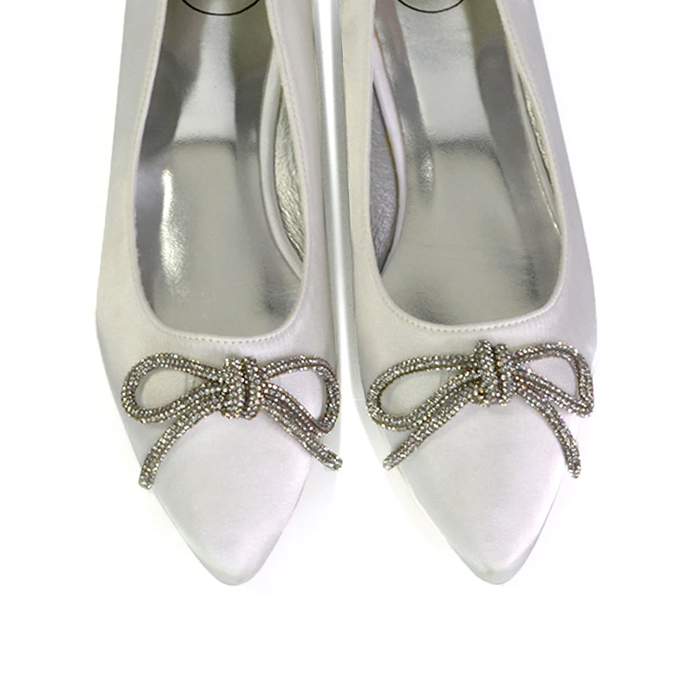 Blossom Diamante Bow Detail Pointed Toe Ballerina Pumps in White - Image 47