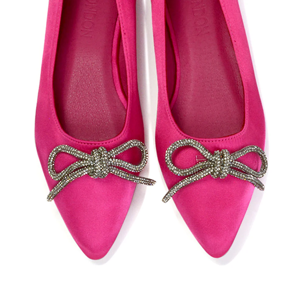 Blossom Diamante Bow Detail Pointed Toe Ballerina Pumps in White - Image 92
