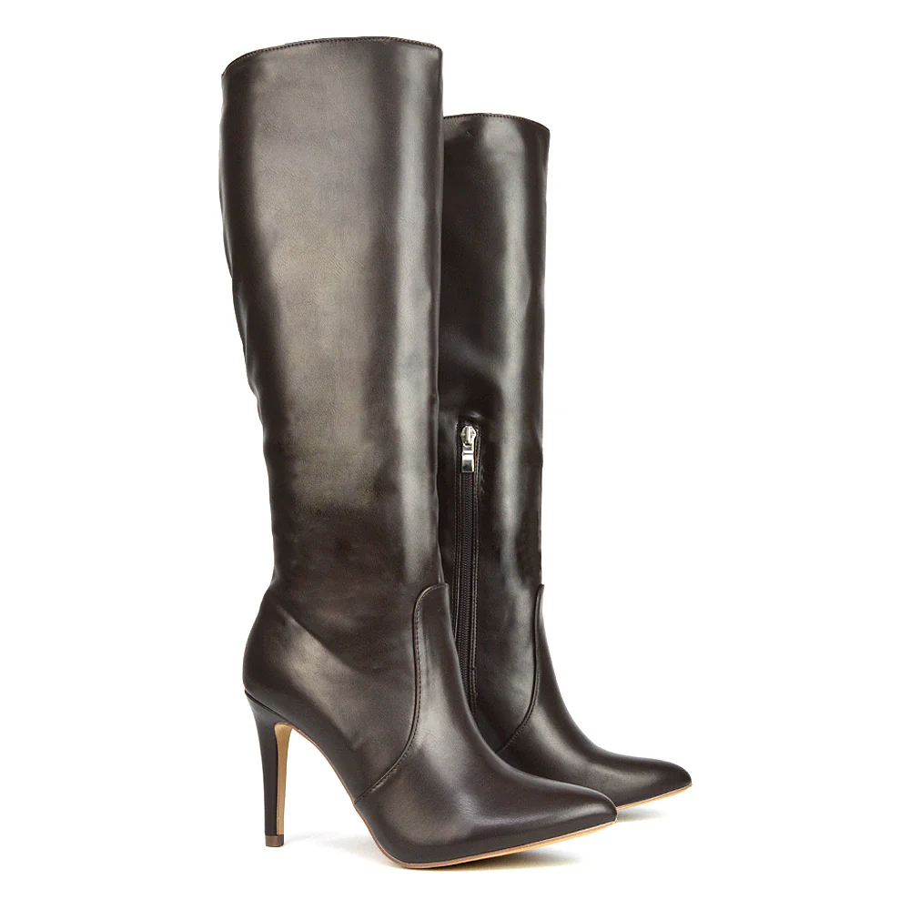 Bree Pointed Toe Zip-up Stiletto Heel Knee High Boots in Black Synthetic Leather - Image 80