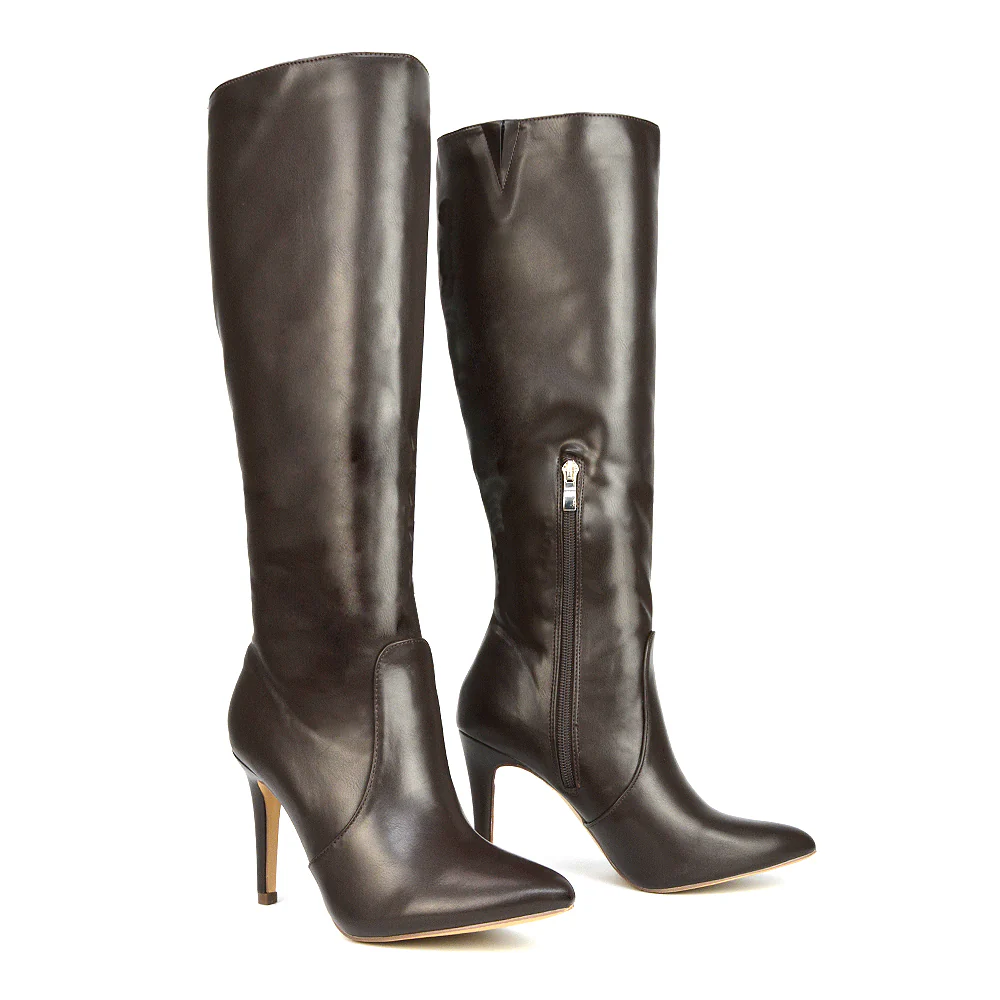 Bree Pointed Toe Zip-up Stiletto Heel Knee High Boots in Black Synthetic Leather - Image 86