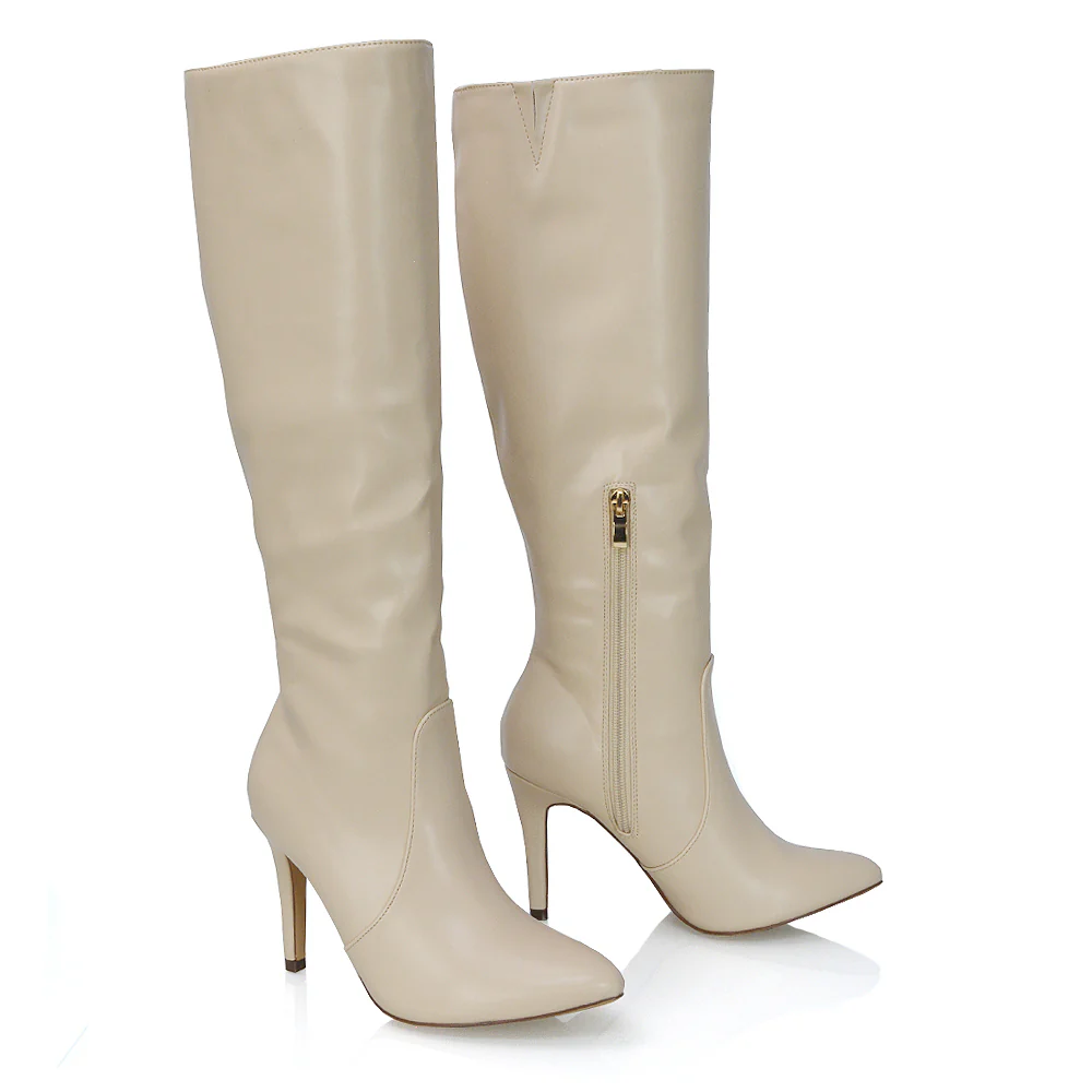 Bree Pointed Toe Zip-up Stiletto Heel Knee High Boots in Brown Synthetic Leather - Image 104