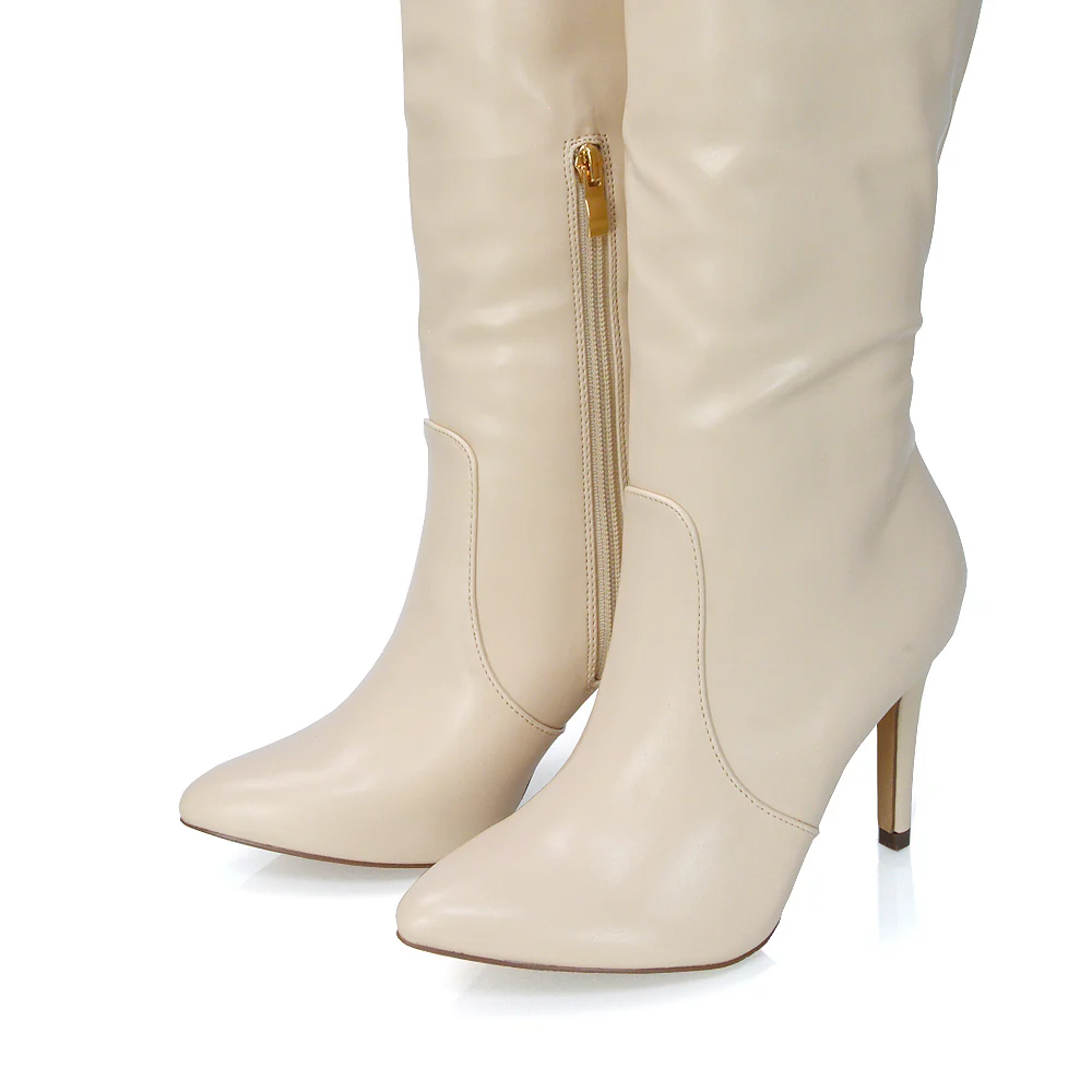 Bree Pointed Toe Zip-up Stiletto Heel Knee High Boots in Brown Synthetic Leather - Image 112