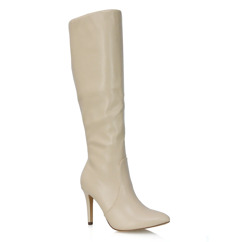 Bree Pointed Toe Zip-up Stiletto Heel Knee High Boots in Brown Synthetic Leather - Image 115