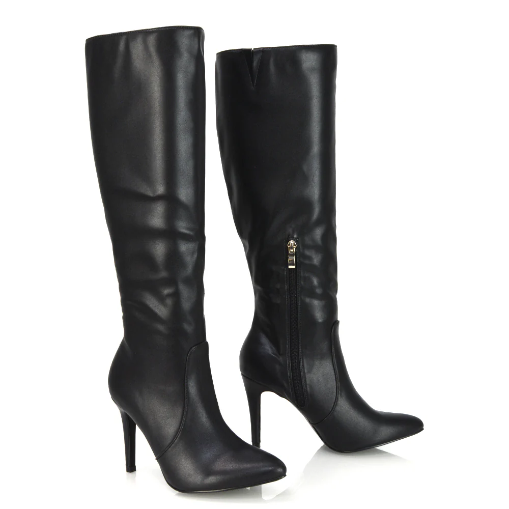 Bree Pointed Toe Zip-up Stiletto Heel Knee High Boots in Brown Synthetic Leather - Image 5