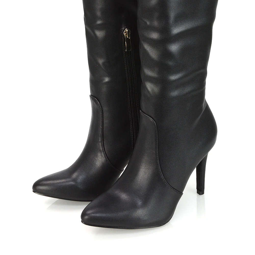 Bree Pointed Toe Zip-up Stiletto Heel Knee High Boots in White Synthetic Leather - Image 14