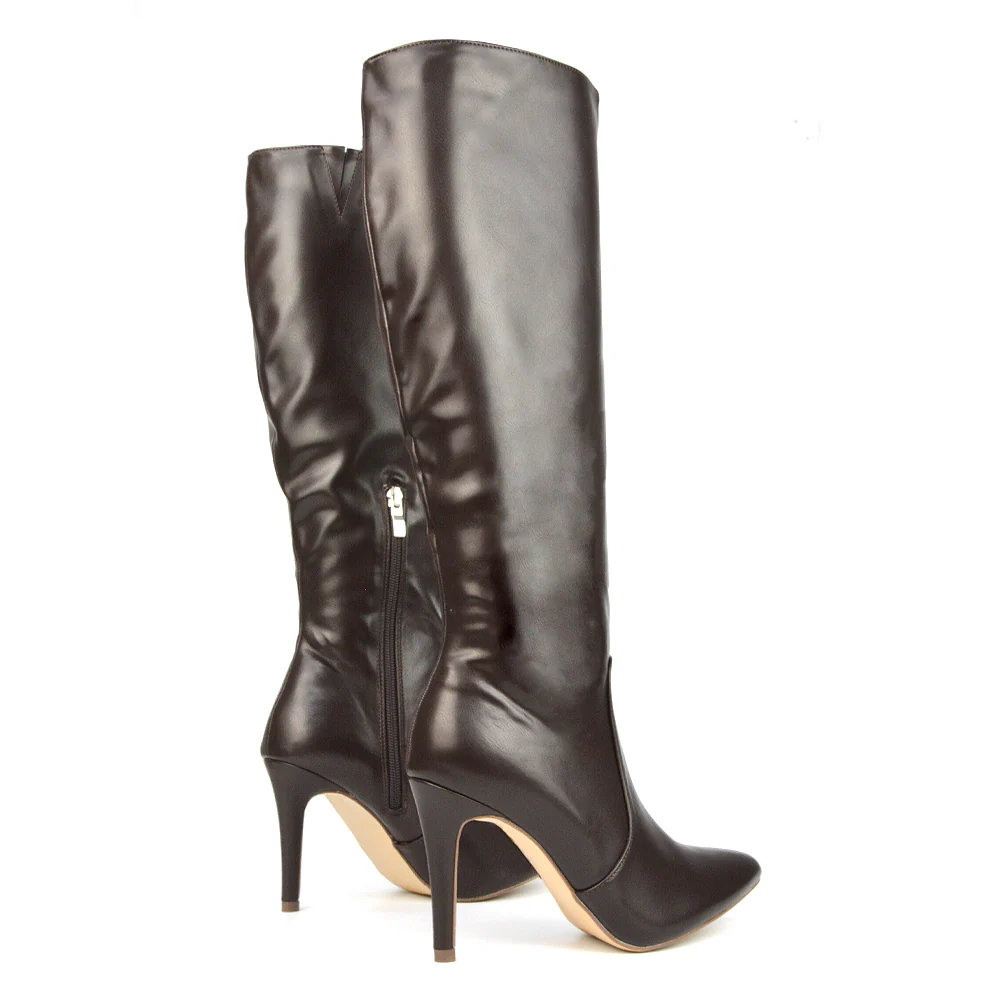 Bree Pointed Toe Zip-up Stiletto Heel Knee High Boots in White Synthetic Leather - Image 73