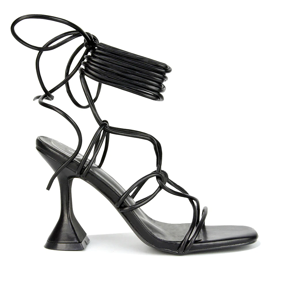 Briar Lace up Square Toe Sculptured Mid High Heels in Black Synthetic Leather - Image 3