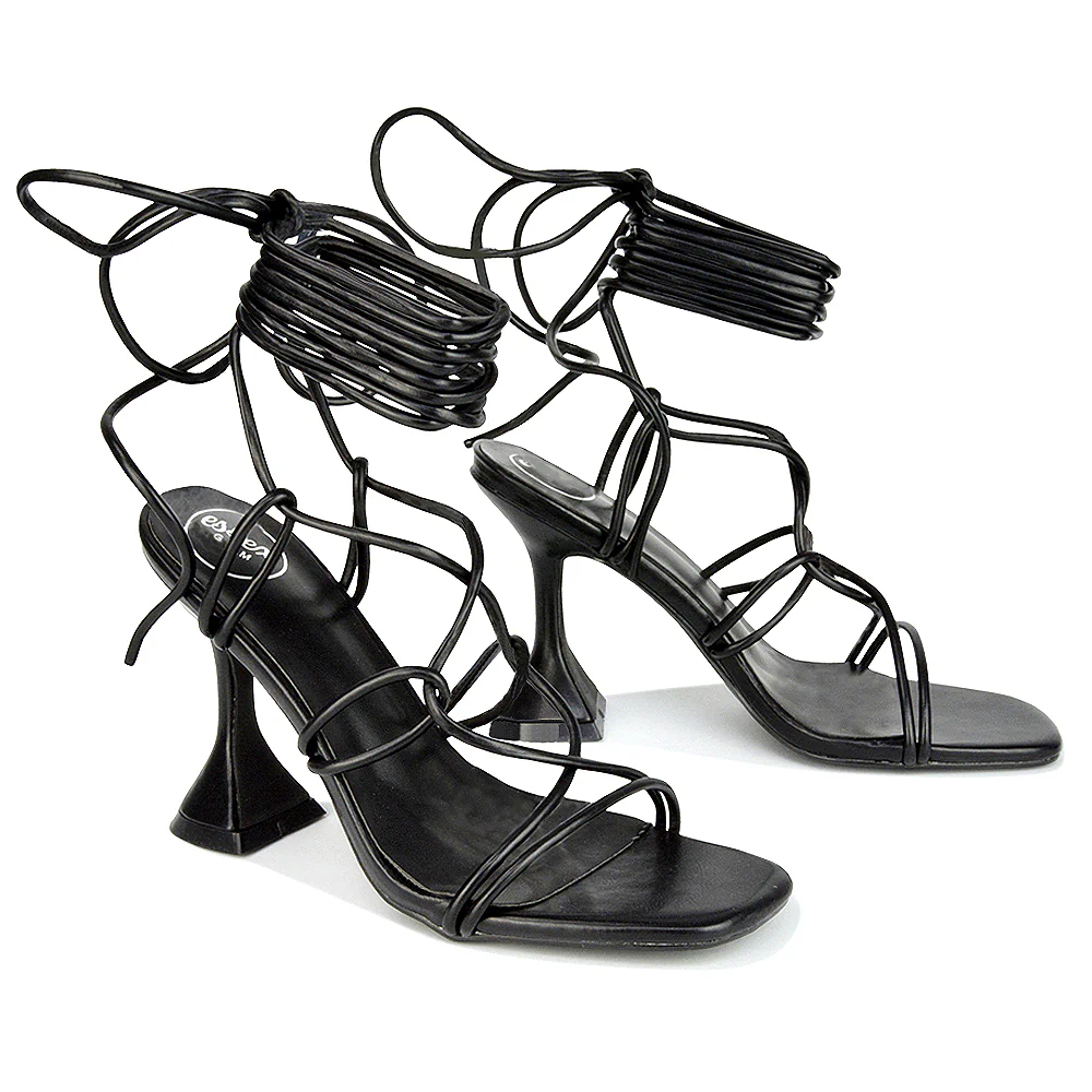 Briar Lace up Square Toe Sculptured Mid High Heels in Black Synthetic Leather - Image 9