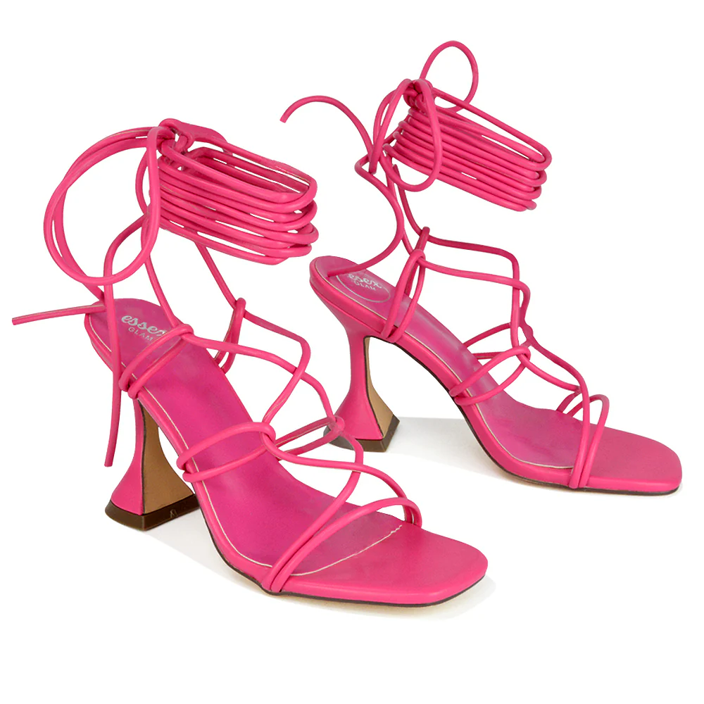 Briar Lace up Square Toe Sculptured Mid High Heels in Fuchsia Synthetic Leather - Image 105