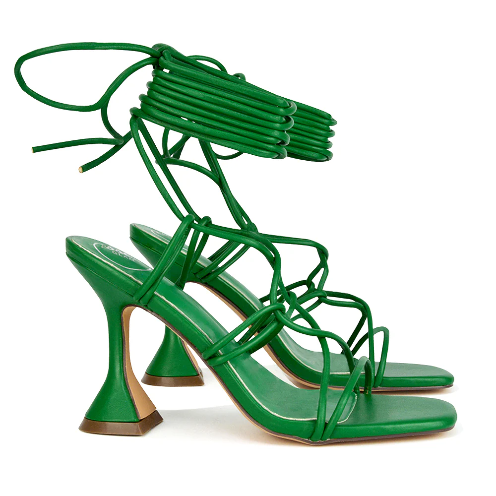 Briar Lace up Square Toe Sculptured Mid High Heels in Green Synthetic Leather - Image 40