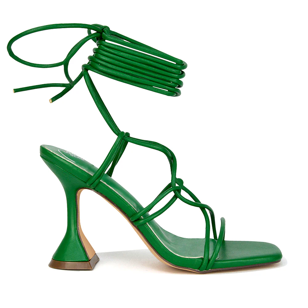 Briar Lace up Square Toe Sculptured Mid High Heels in Green Synthetic Leather - Image 47