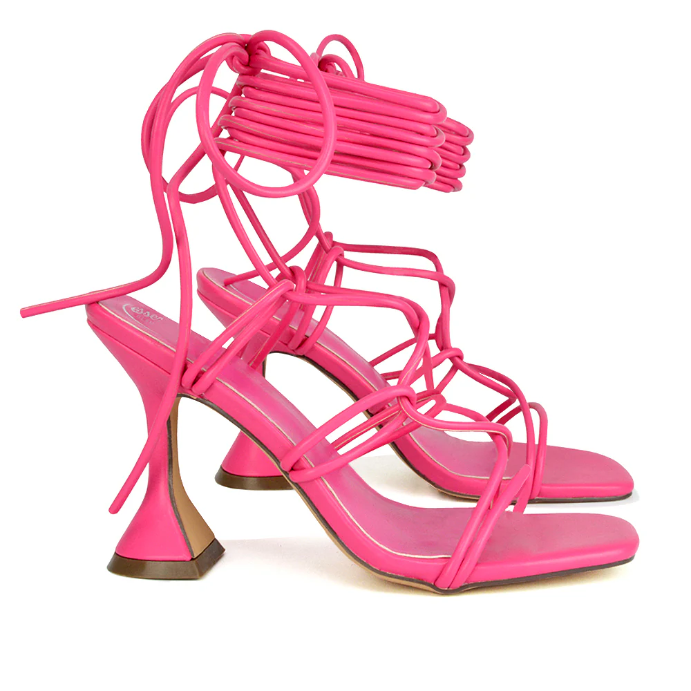 Briar Lace up Square Toe Sculptured Mid High Heels in Orange Synthetic Leather - Image 112