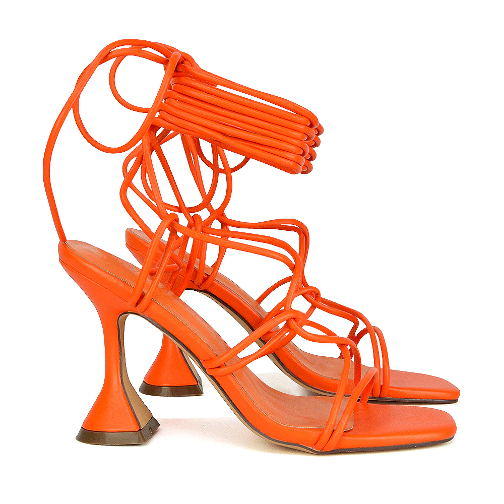 Briar Lace up Square Toe Sculptured Mid High Heels in Orange Synthetic Leather - Image 88