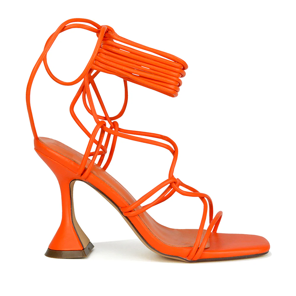 Briar Lace up Square Toe Sculptured Mid High Heels in Orange Synthetic Leather - Image 95