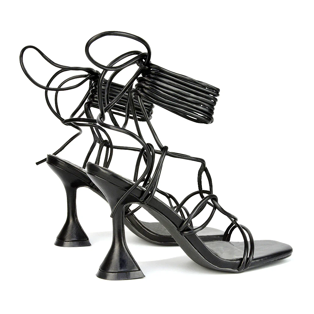 Briar Lace up Square Toe Sculptured Mid High Heels in White Synthetic Leather - Image 10