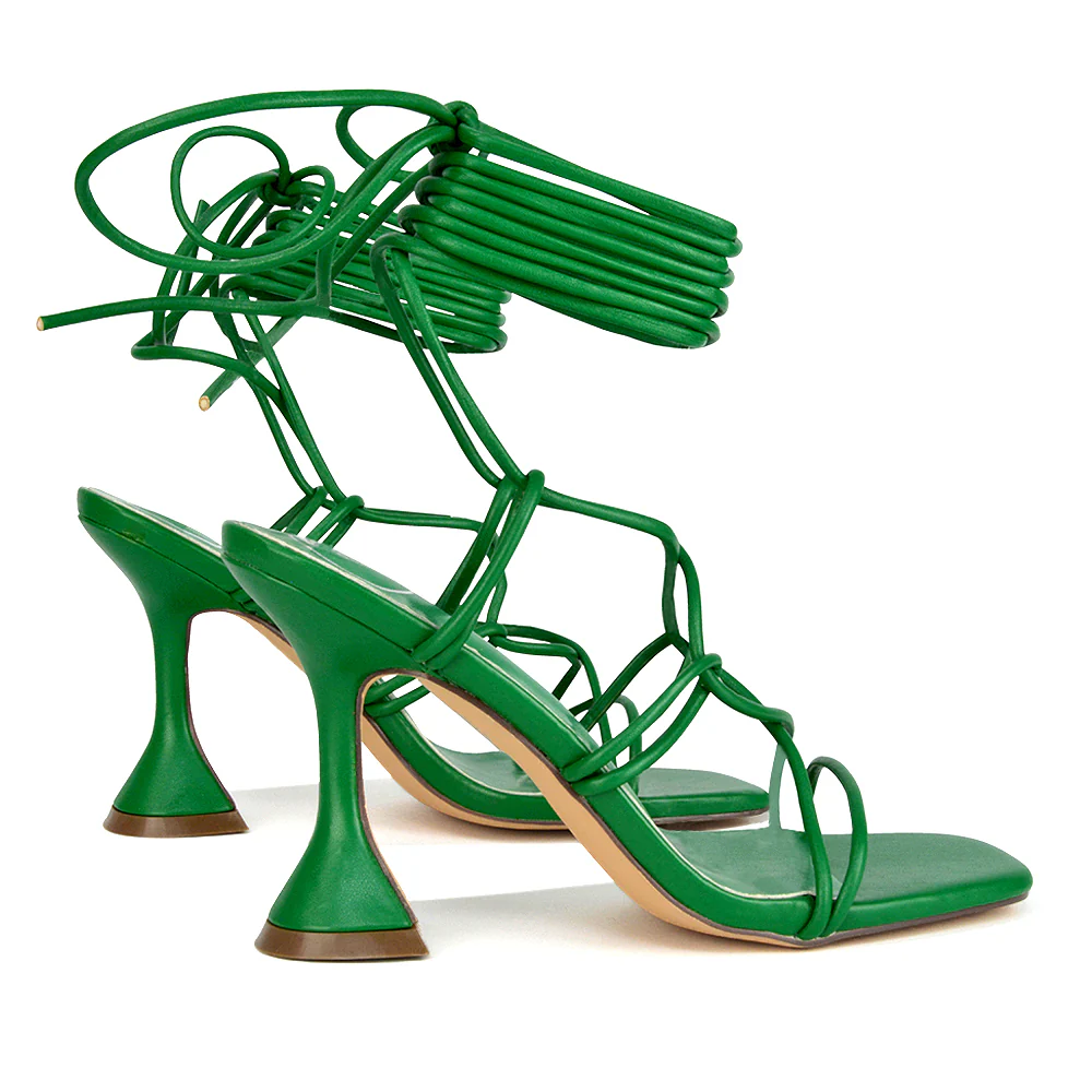 Briar Lace up Square Toe Sculptured Mid High Heels in White Synthetic Leather - Image 42