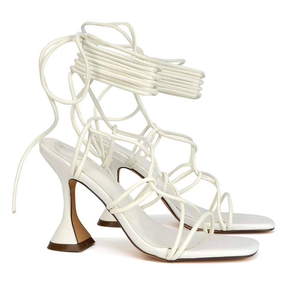 Briar Lace up Square Toe Sculptured Mid High Heels in White Synthetic Leather - Image 56