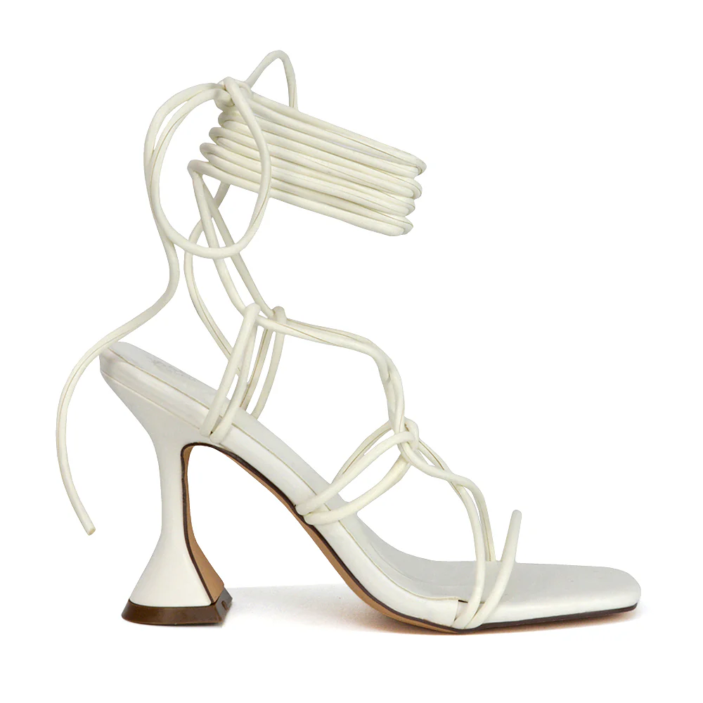 Briar Lace up Square Toe Sculptured Mid High Heels in White Synthetic Leather - Image 59