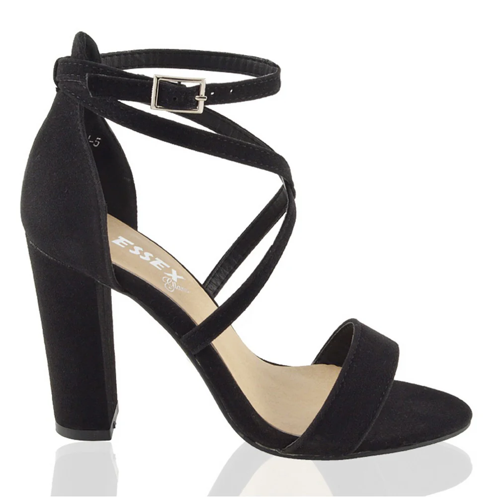 Briella Womens Cross Over Buckle Strap Block High Heel Sandals IN BLACK FAUX SUEDE - Image 21