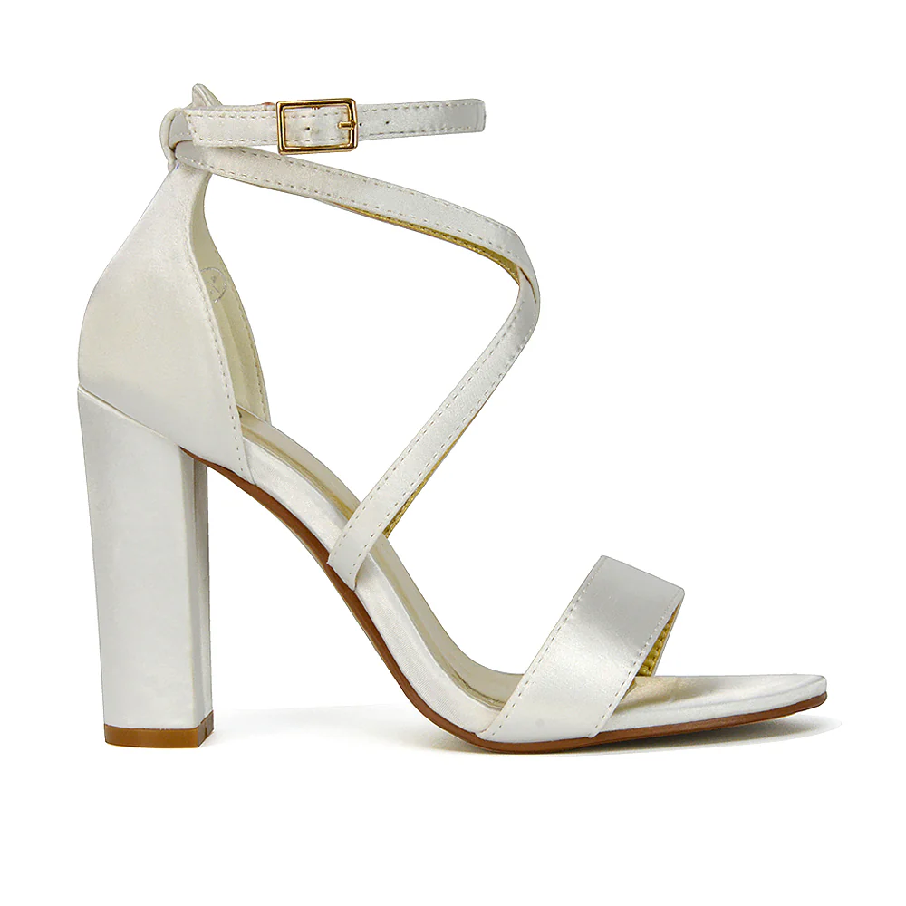 Briella Womens Cross Over Buckle Strap Block High Heel Sandals IN IVORY SATIN - Image 3