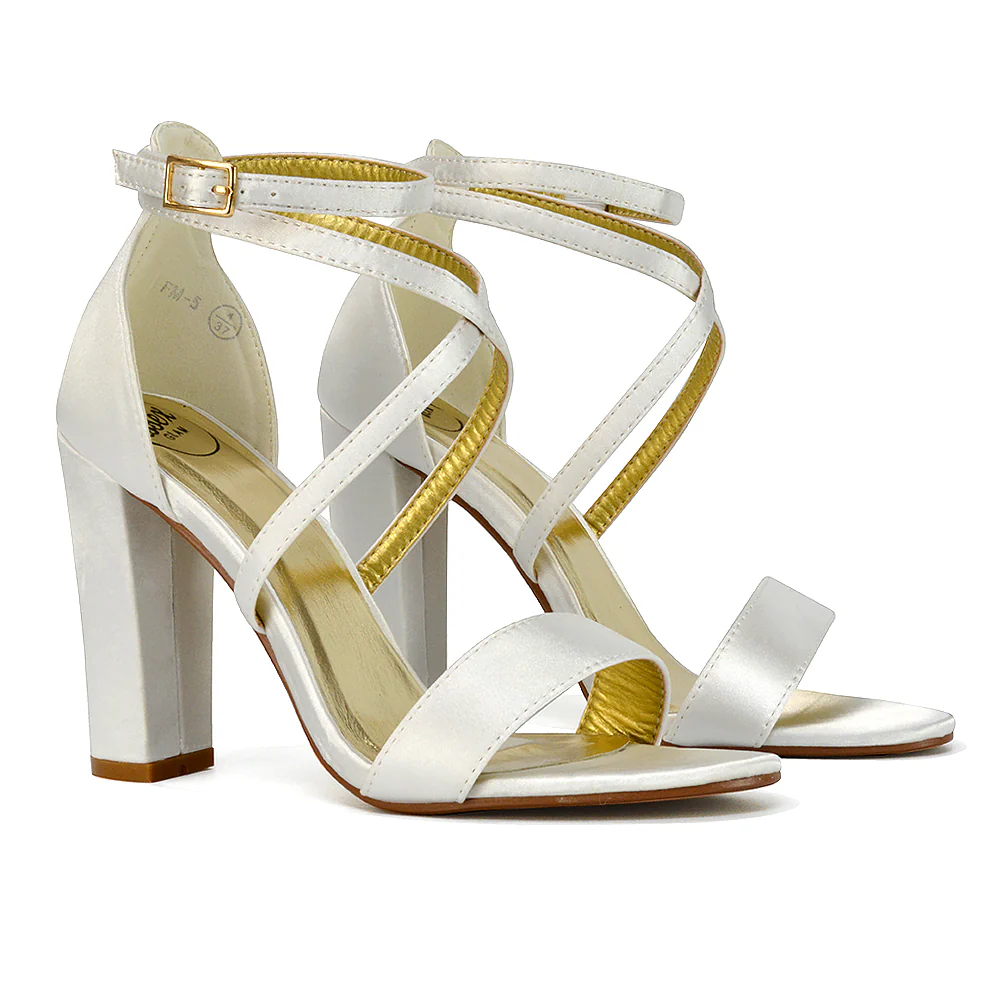 Briella Womens Cross Over Buckle Strap Block High Heel Sandals IN IVORY SATIN - Image 4