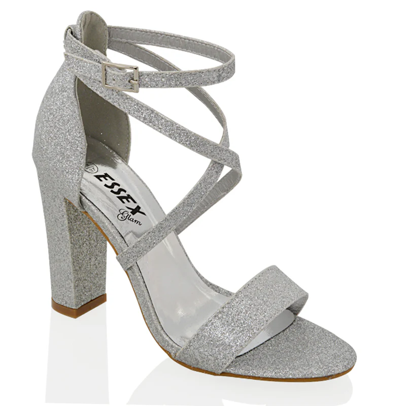 BRIELLA CROSS OVER FRONT STRAPPY BLOCK HIGH HEEL SANDALS IN SILVER GLITTER - Image 4