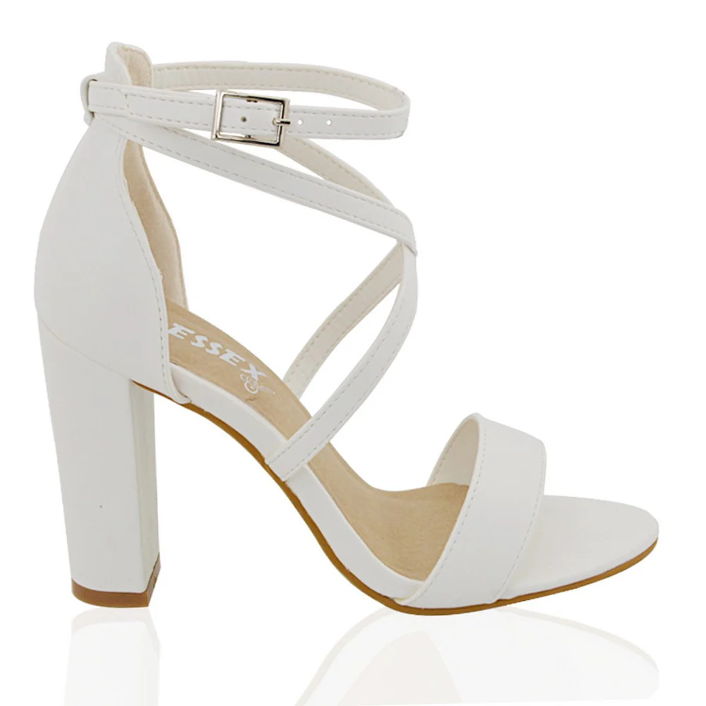 BRIELLA CROSS OVER FRONT STRAPPY BLOCK HIGH HEEL SANDALS IN WHITE SYNTHETIC LEATHER - Image 6