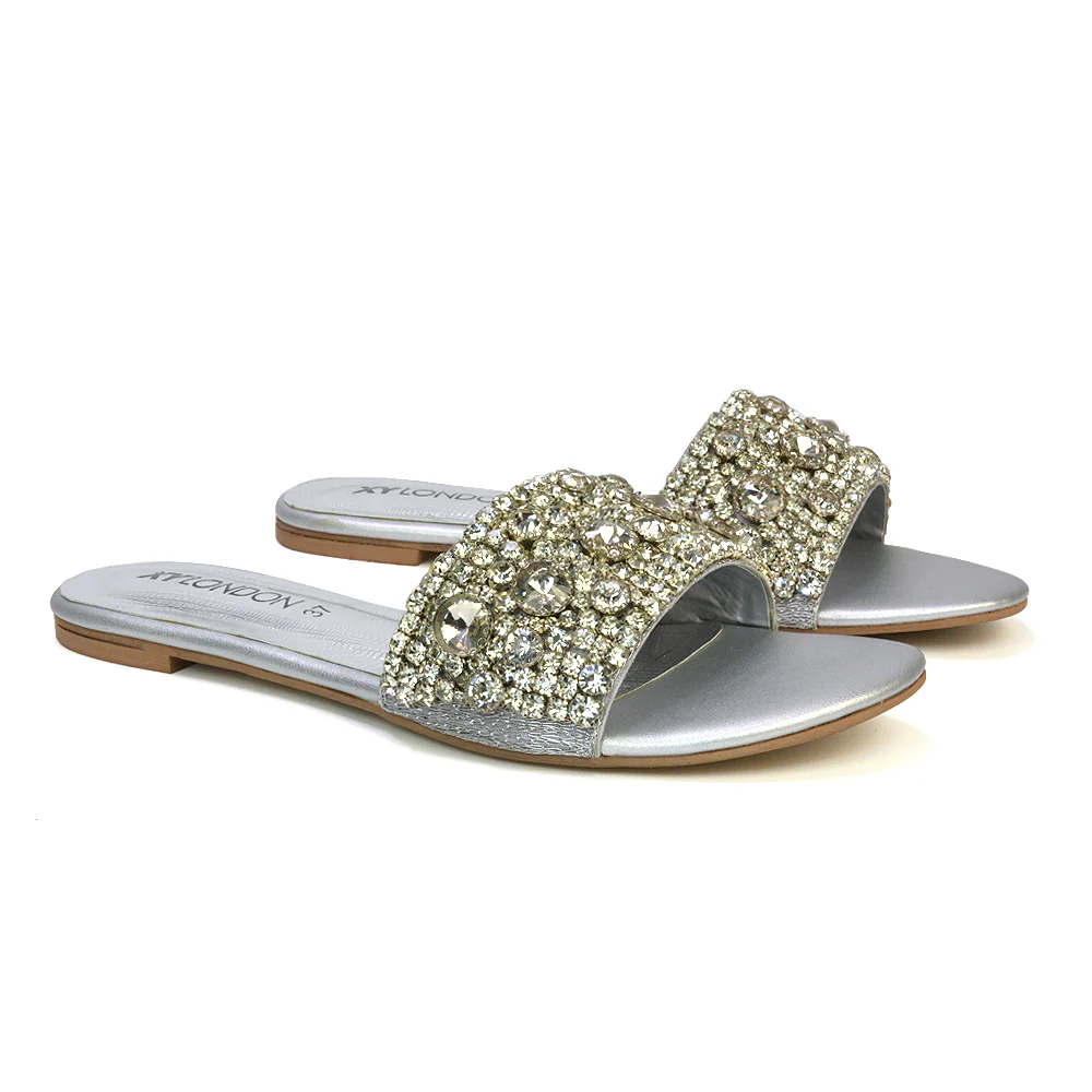 Brielle Metallic Slip On Diamante Flat Sandal Sliders in Gold - Image 16