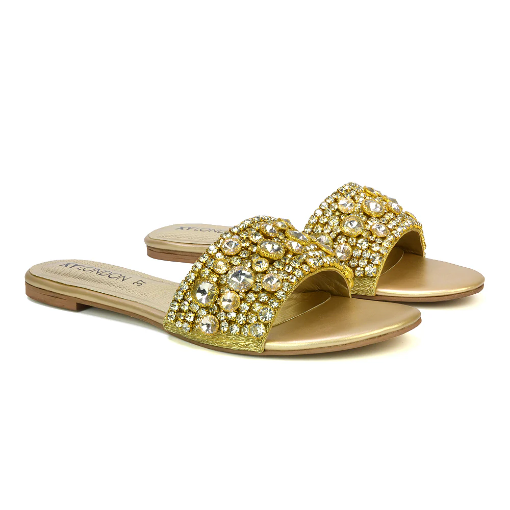 Brielle Metallic Slip On Diamante Flat Sandal Sliders in Gold - Image 58