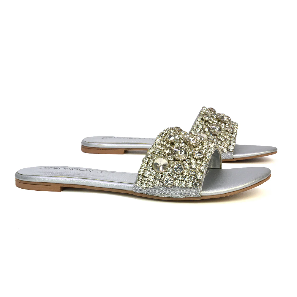Brielle Metallic Slip On Diamante Flat Sandal Sliders in Silver - Image 13