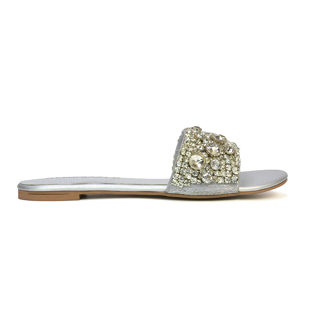 Brielle Metallic Slip On Diamante Flat Sandal Sliders in Silver - Image 15
