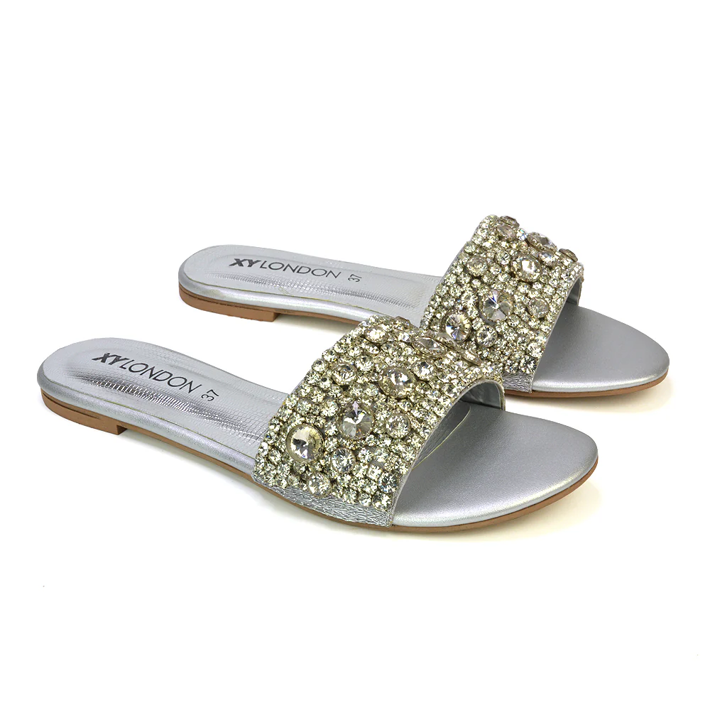 Brielle Metallic Slip On Diamante Flat Sandal Sliders in Silver - Image 29