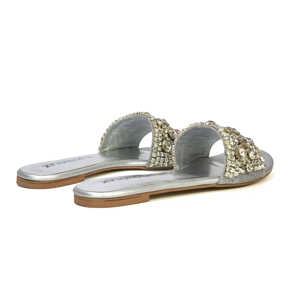 Brielle Metallic Slip On Diamante Flat Sandal Sliders in Silver - Image 32