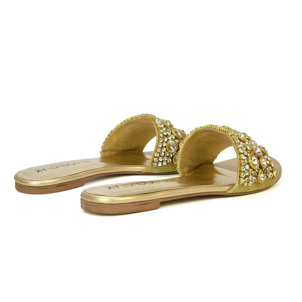 Brielle Metallic Slip On Diamante Flat Sandal Sliders in Silver - Image 50