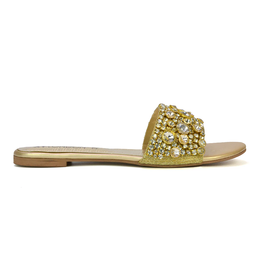 Brielle Metallic Slip On Diamante Flat Sandal Sliders in Silver - Image 69