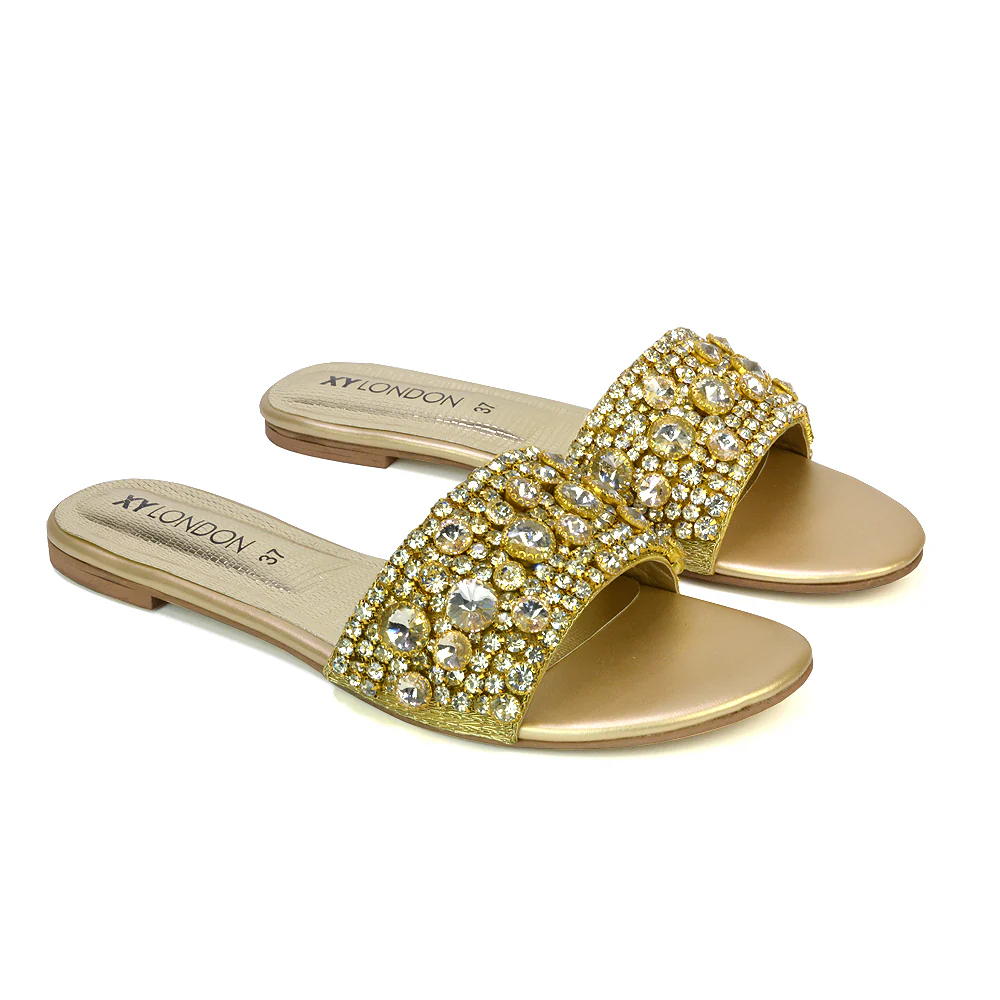 Brielle Metallic Slip On Diamante Flat Sandal Sliders in Silver - Image 77