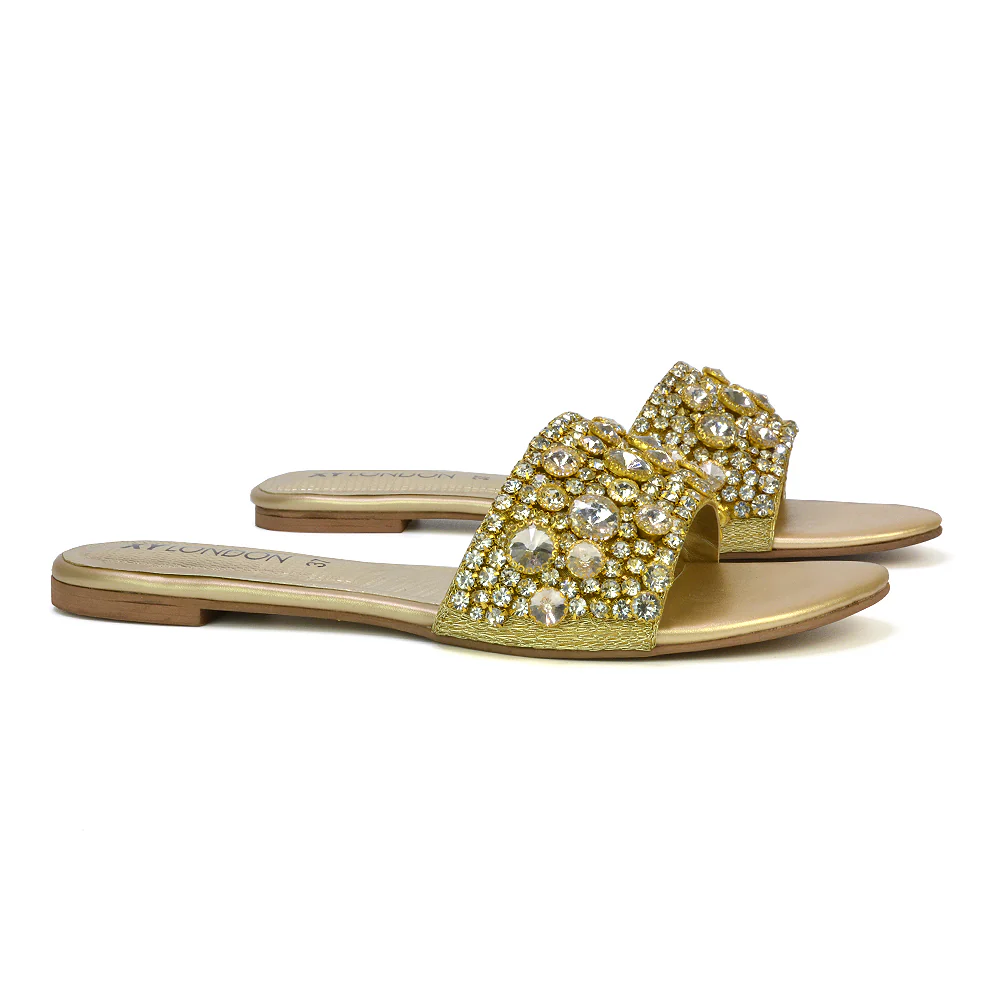 Brielle Metallic Slip On Diamante Flat Sandal Sliders in Silver - Image 85